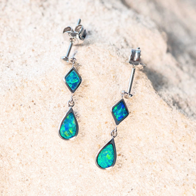 green and blue doublet opal dangly silver earrings