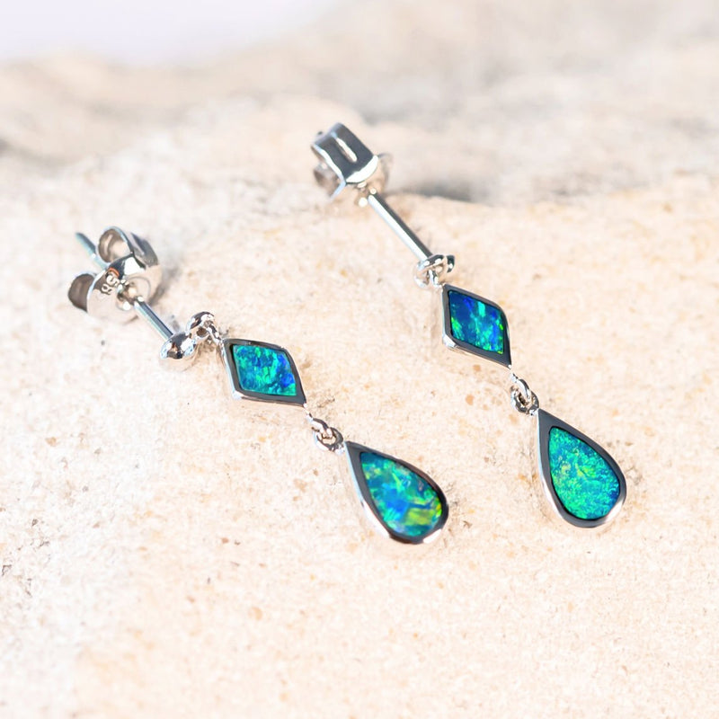 green and blue doublet opal earrings in silver