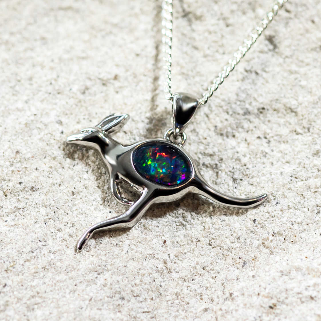 'Kangaroo' Silver Australian Triplet Opal Necklace Pendant - Black Star Opal