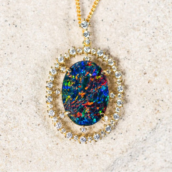 'Kassia' Gold Plated Silver Australian Triplet Opal Necklace Pendant - Black Star Opal