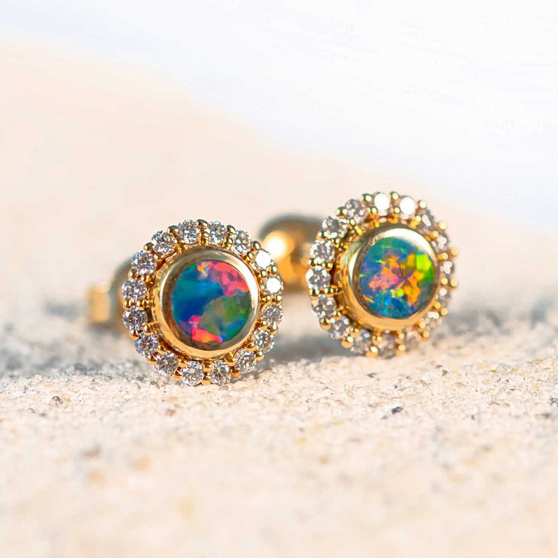 'Kayla' Gold Australian Doublet Opal Earrings - Black Star Opal