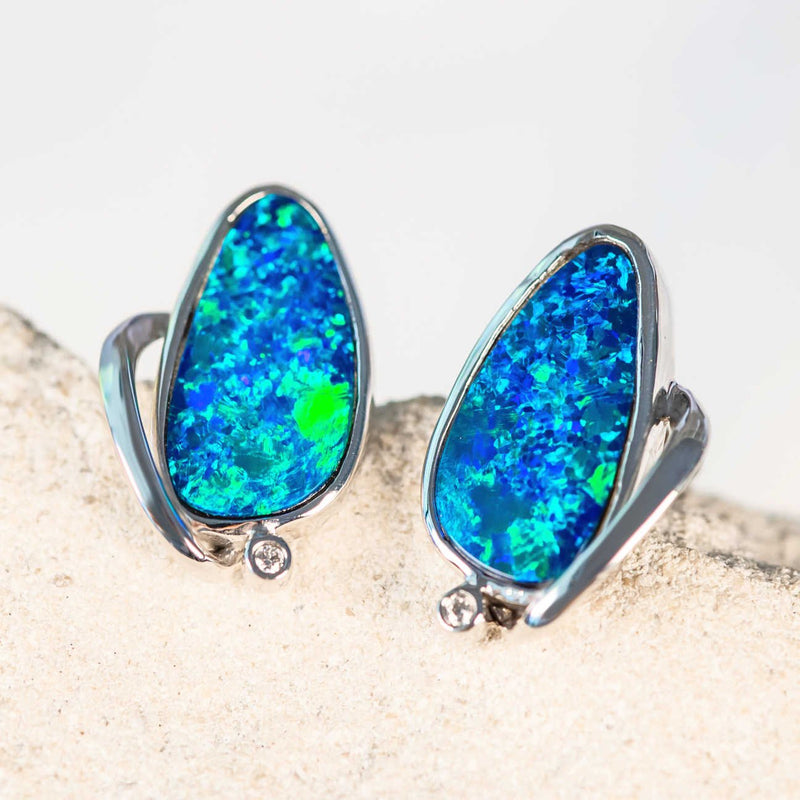 blue and green doublet opal white gold earrings