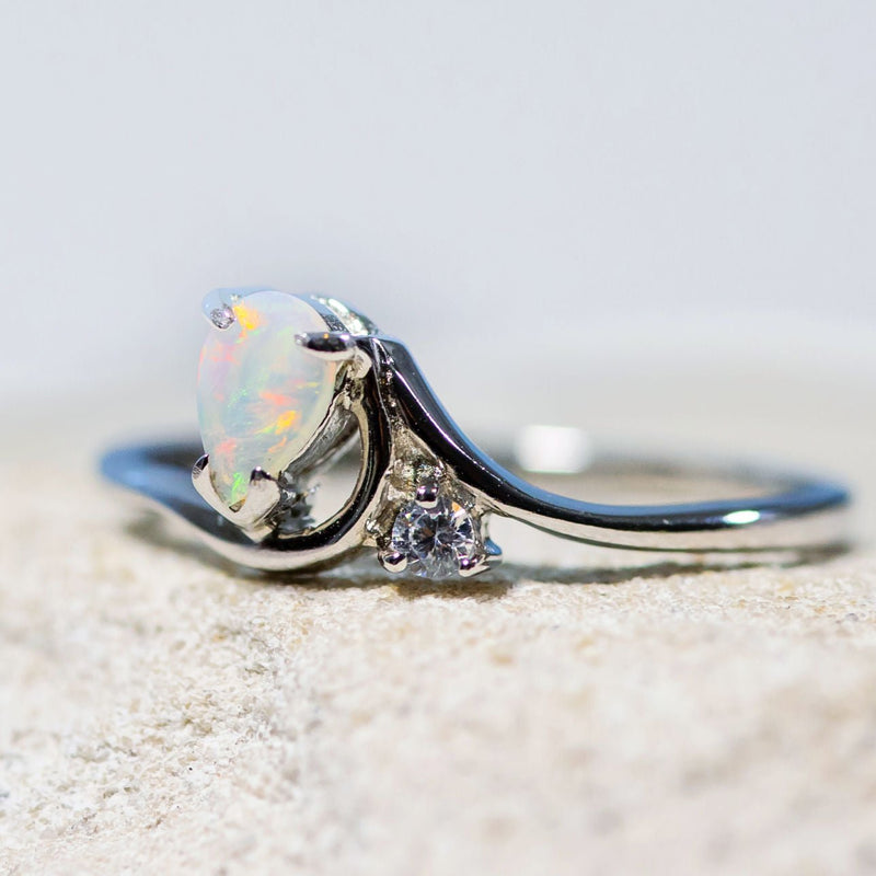 Australian Opal Ring, 0.56 Carat Natural Solid Cabochon Opal Solitaire,  7x5mm Oval, Australia, October Birthstone, Rainbow, Sterling Silver