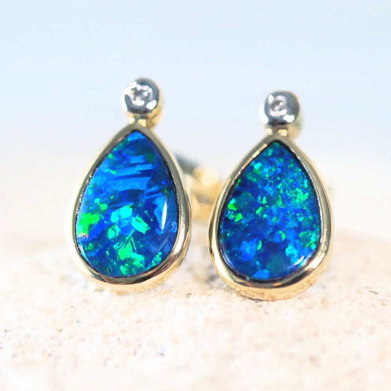 green and blue pear-shped doublet opal gold earrings with diamonds