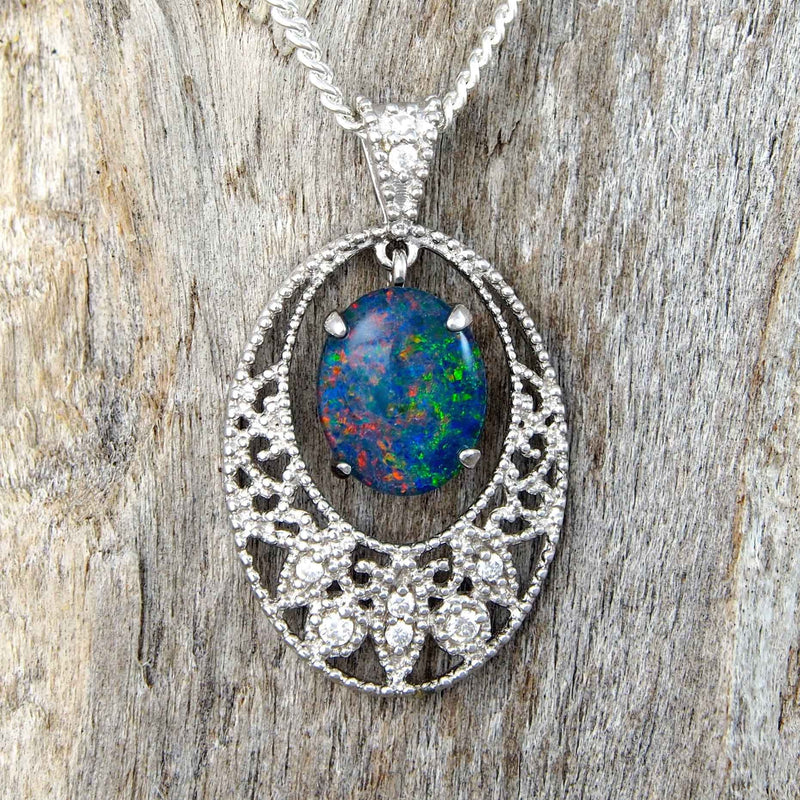 'Lace' Silver Australian Triplet Opal Necklace Pendant - Black Star Opal