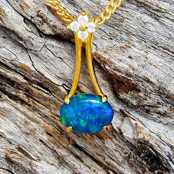 'Lana' Gold Plated Silver Australian Triplet Opal Necklace Pendant - Black Star Opal