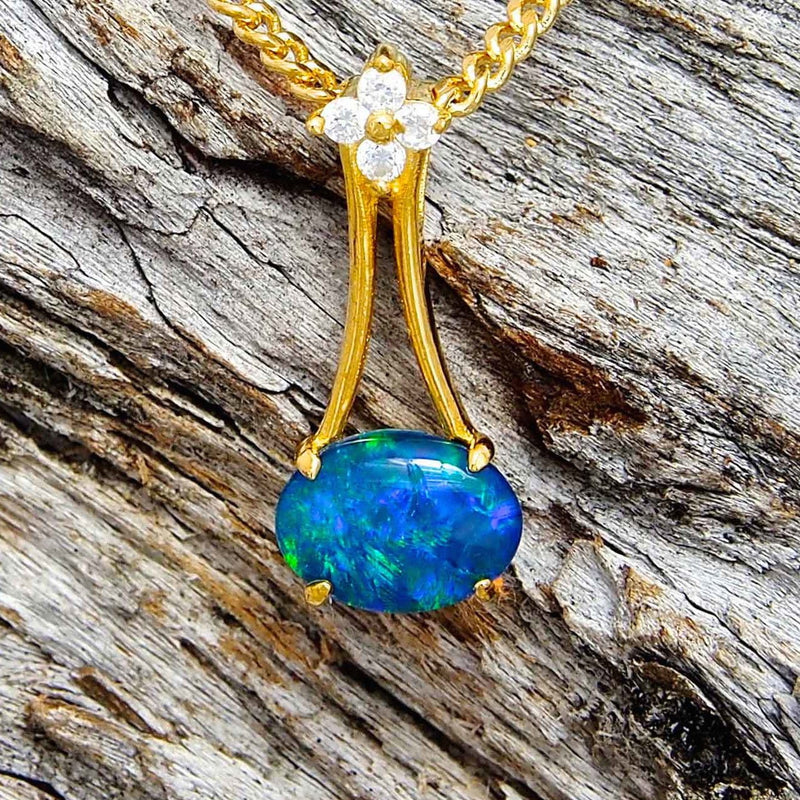 'Lana' Gold Plated Silver Australian Triplet Opal Necklace Pendant - Black Star Opal