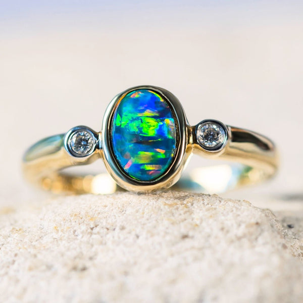 'Lara' Gold Australian Doublet Opal Ring - Black Star Opal