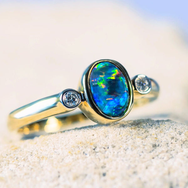 'Lara' Gold Australian Doublet Opal Ring - Black Star Opal