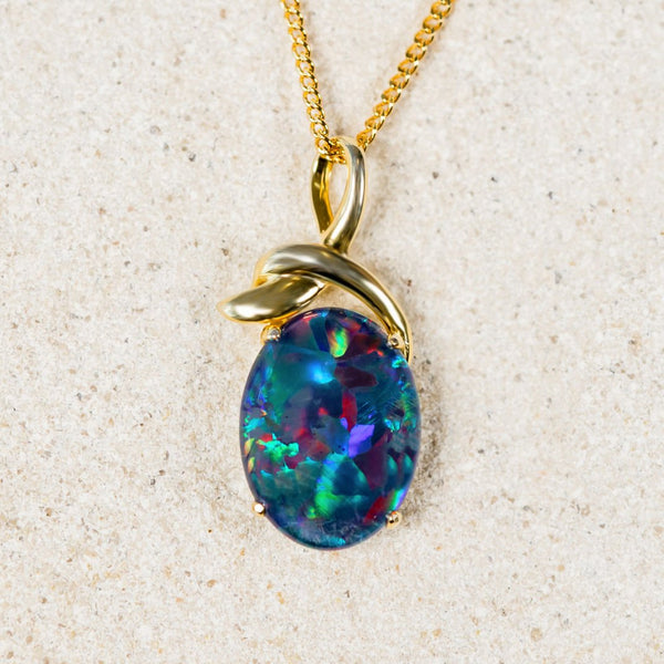'Larisa' Gold Plated Silver Australian Triplet Opal Necklace Pendant - Black Star Opal