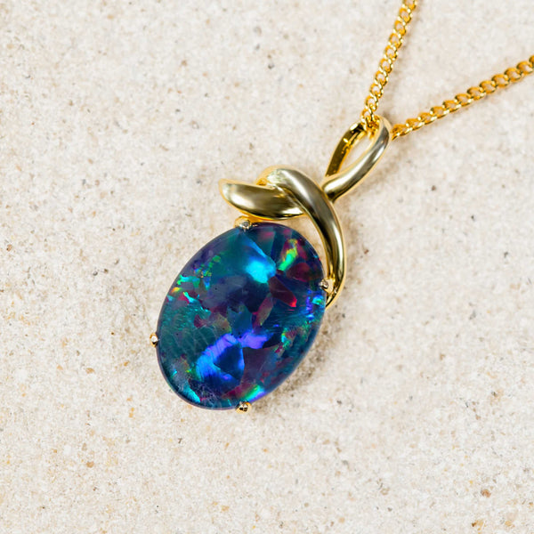 'Larisa' Gold Plated Silver Australian Triplet Opal Necklace Pendant - Black Star Opal