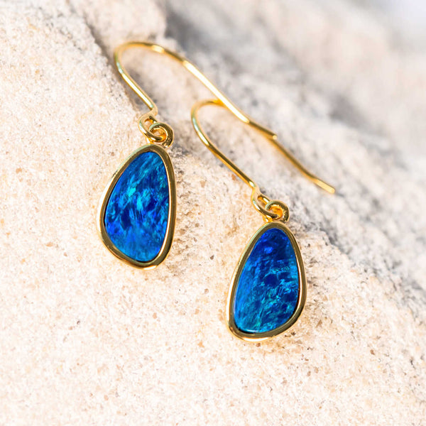blue doublet opal gold plated silver earrings
