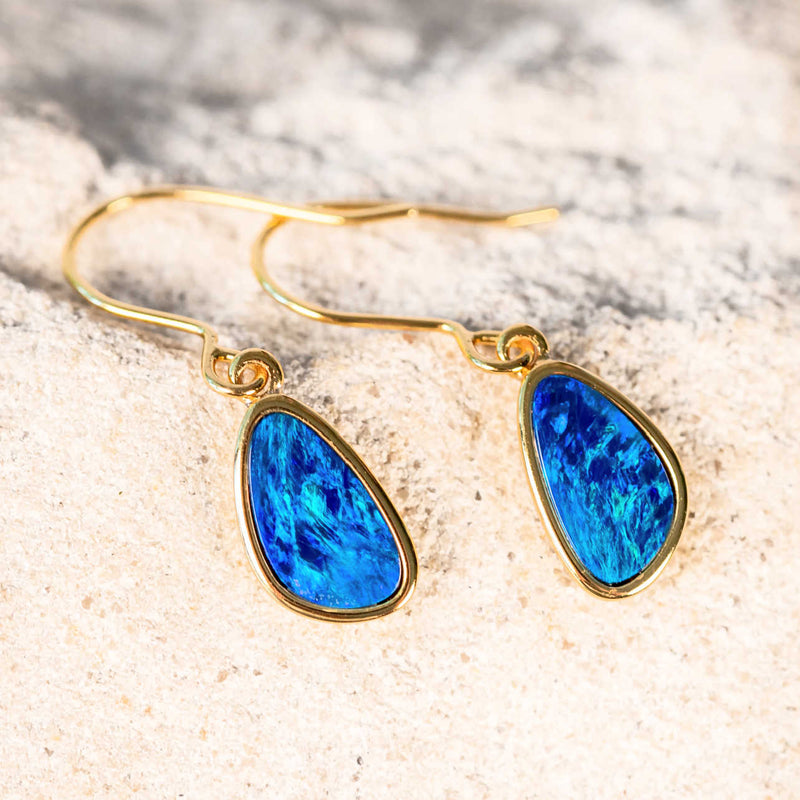 blue Australian doublet opal earrings set in gold plated silver