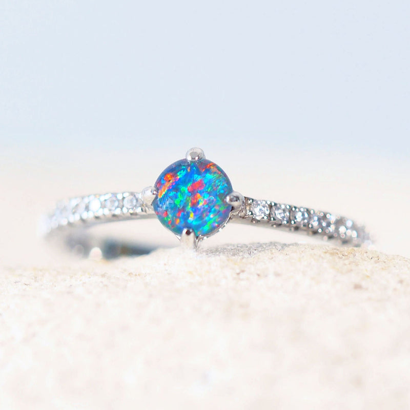 colourful round australian opal ring in silver