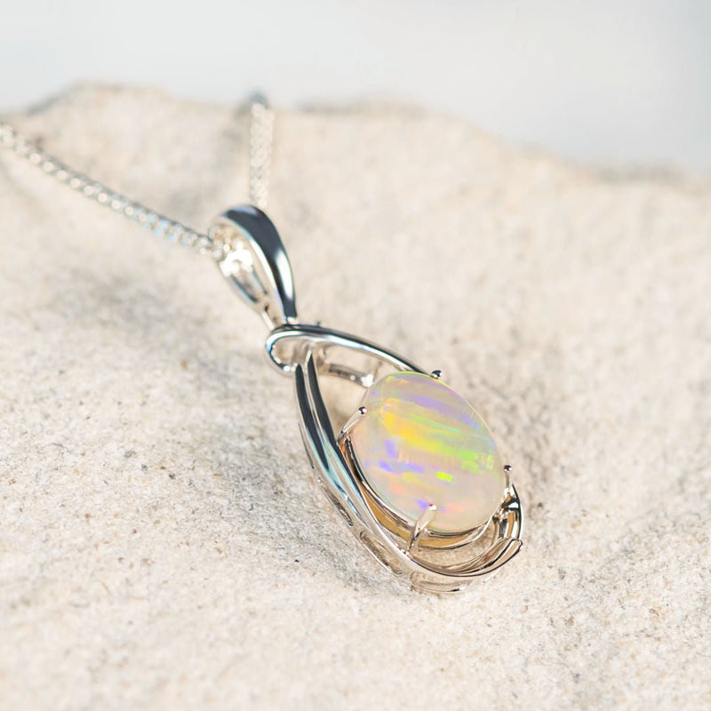 'Lila' White Gold Australian White Opal Necklace Pendant - Black Star Opal