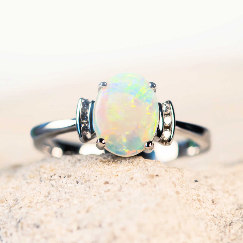 white gold crystal opal ring with diamonds