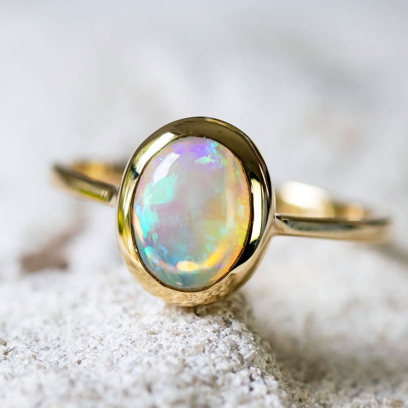 'Loire' Gold Australian Crystal Opal Ring - Black Star Opal