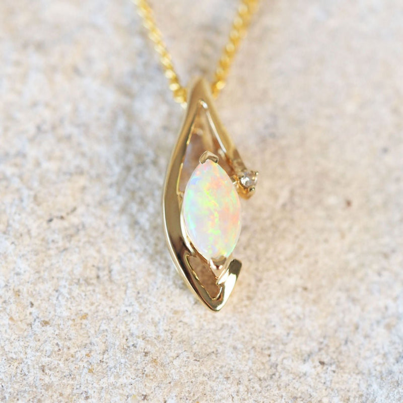Beautiful Australian White Opal Pendant in 14K Gold Setting. Diamonds. –  424-00068 – The Opal Man