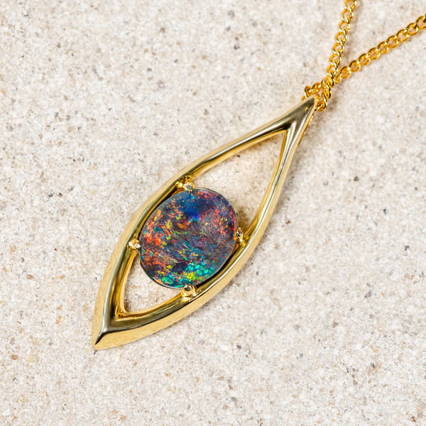 Beautiful marquise-shaped gold plated sterling silver necklace pendant claw set with a brilliant multi-coloured round-oval Australian triplet opal.