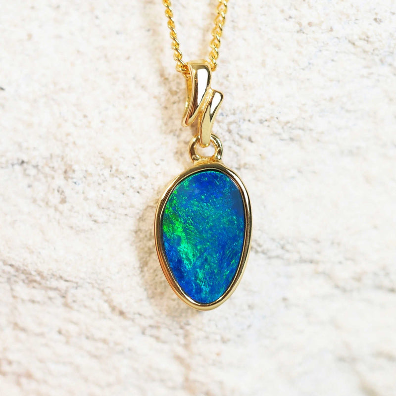 blue and green doublet opal gold plated silver necklace pendant