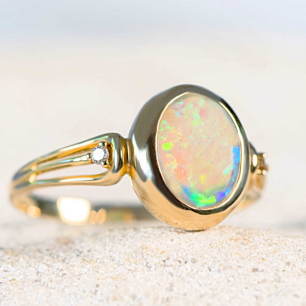 'Lucila' Gold Australian Crystal Opal Ring - Black Star Opal