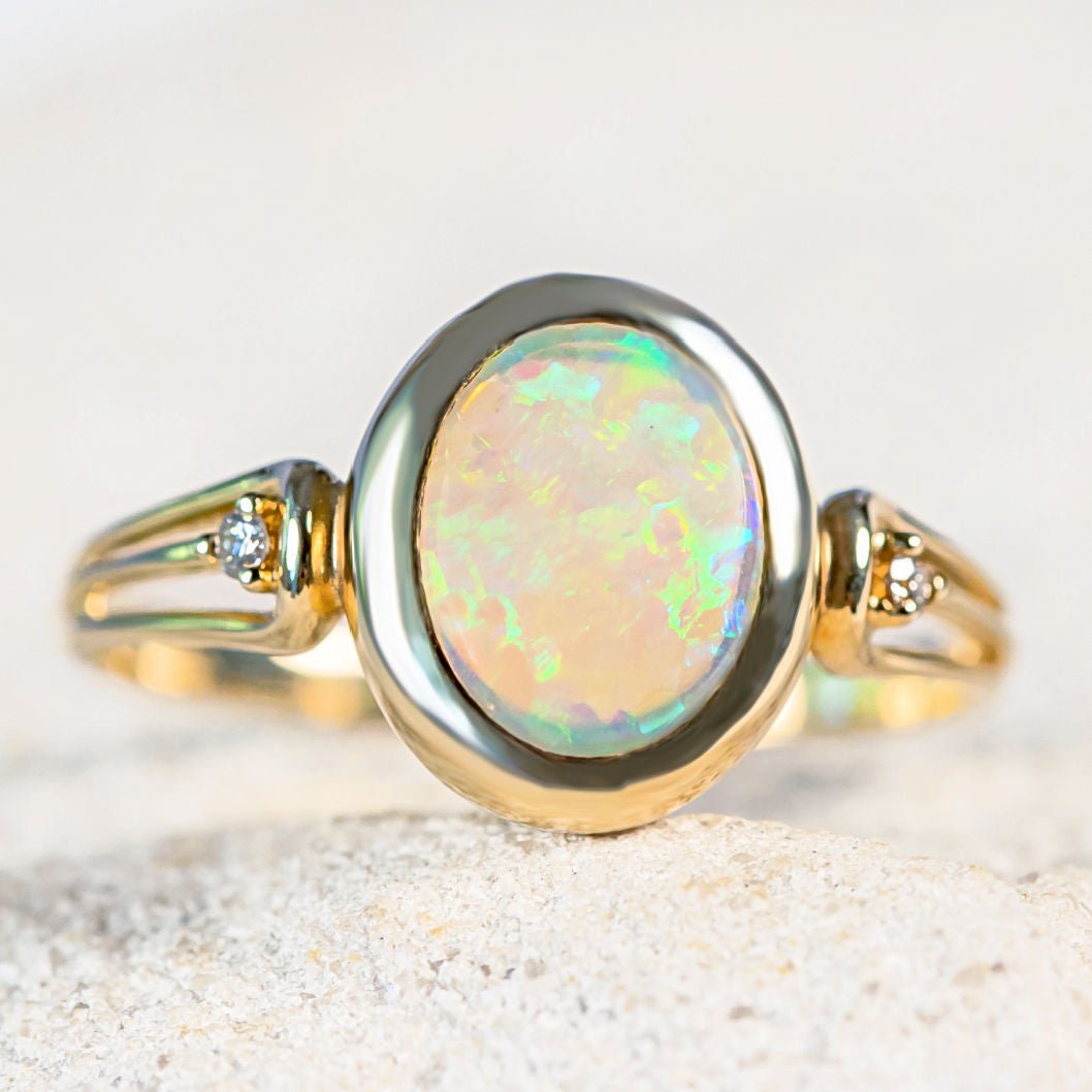'Lucila' Gold Australian Crystal Opal Ring - Black Star Opal
