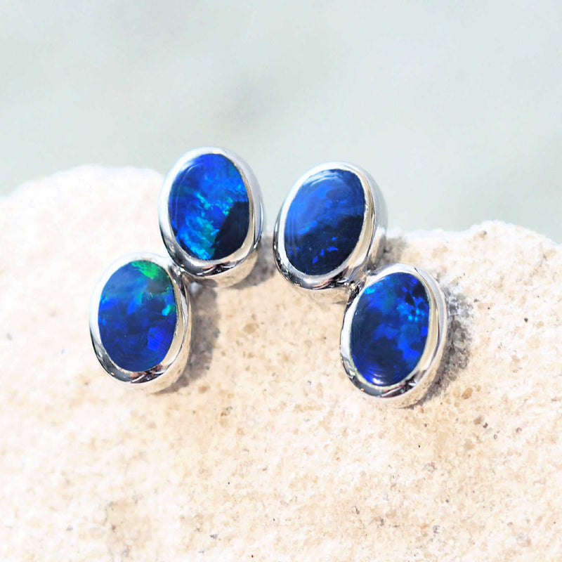 blue and green silver doublet opal earrings