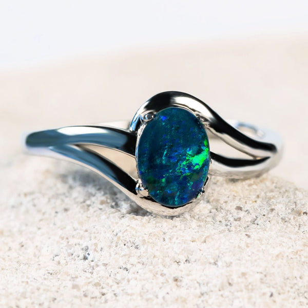 green and blue oval triplet opal silver ring
