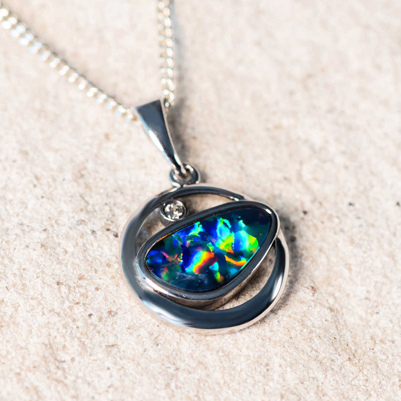 'Marika' Silver Australian Doublet Opal Necklace Pendant - Black Star Opal