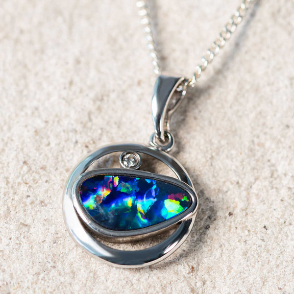 'Marika' Silver Australian Doublet Opal Necklace Pendant - Black Star Opal