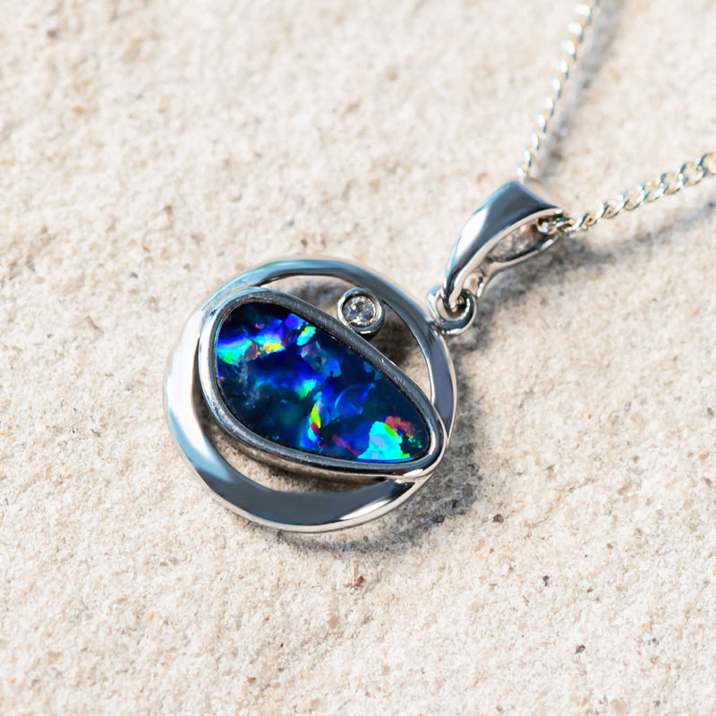 'Marika' Silver Australian Doublet Opal Necklace Pendant - Black Star Opal