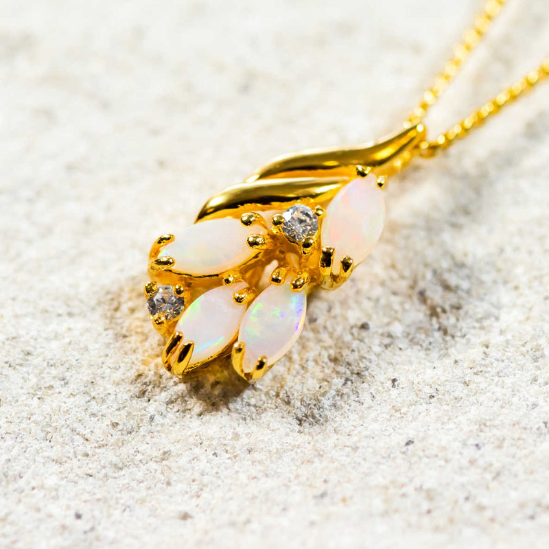 gold plated silver pendant set with colourful south australian crystal opals
