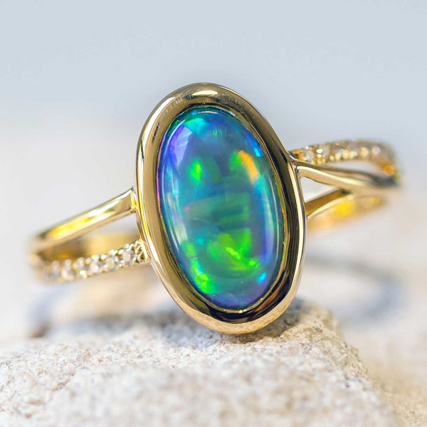 'Melia' Gold Australian Crystal Opal Ring - Black Star Opal