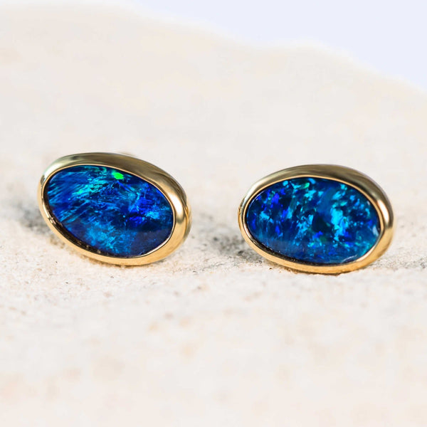 'Memphis' Gold Australian Doublet Opal Earrings - Black Star Opal