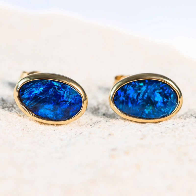 'Memphis' Gold Australian Doublet Opal Earrings - Black Star Opal