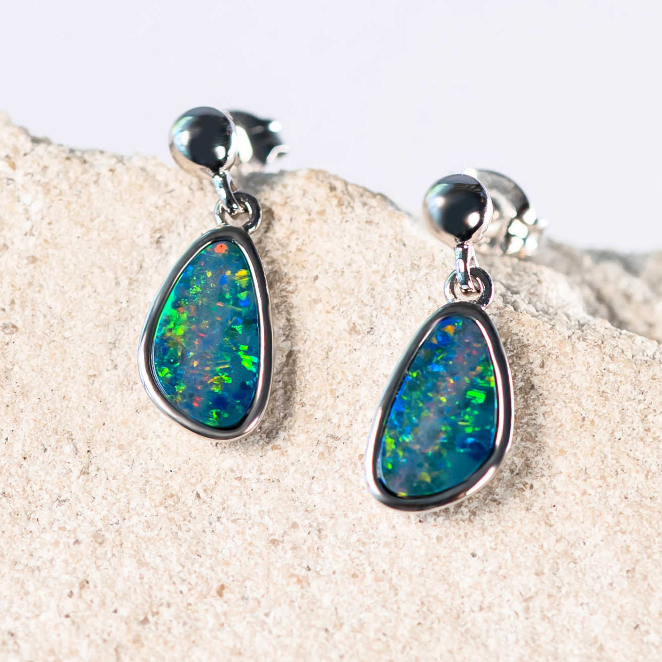 colourful freeform shaped doublet opal silver earrings