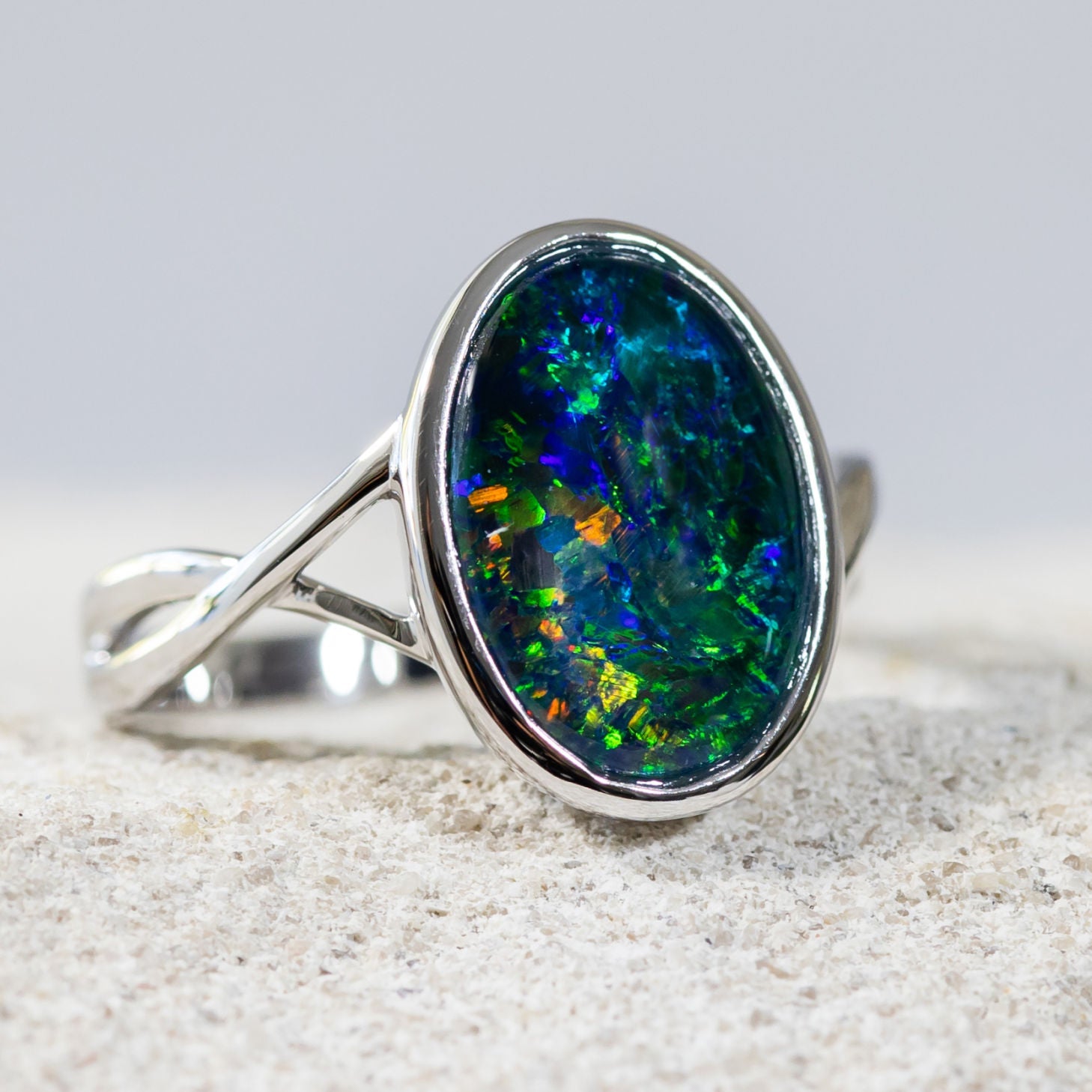 'Mia' White Gold Australian Triplet Opal Ring - Black Star Opal