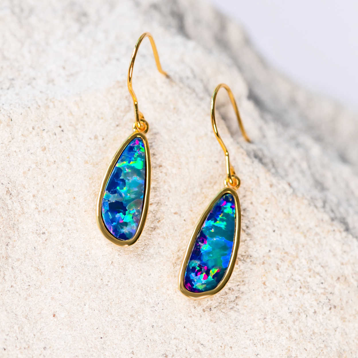 gold plated silver drop doublet opal earrings
