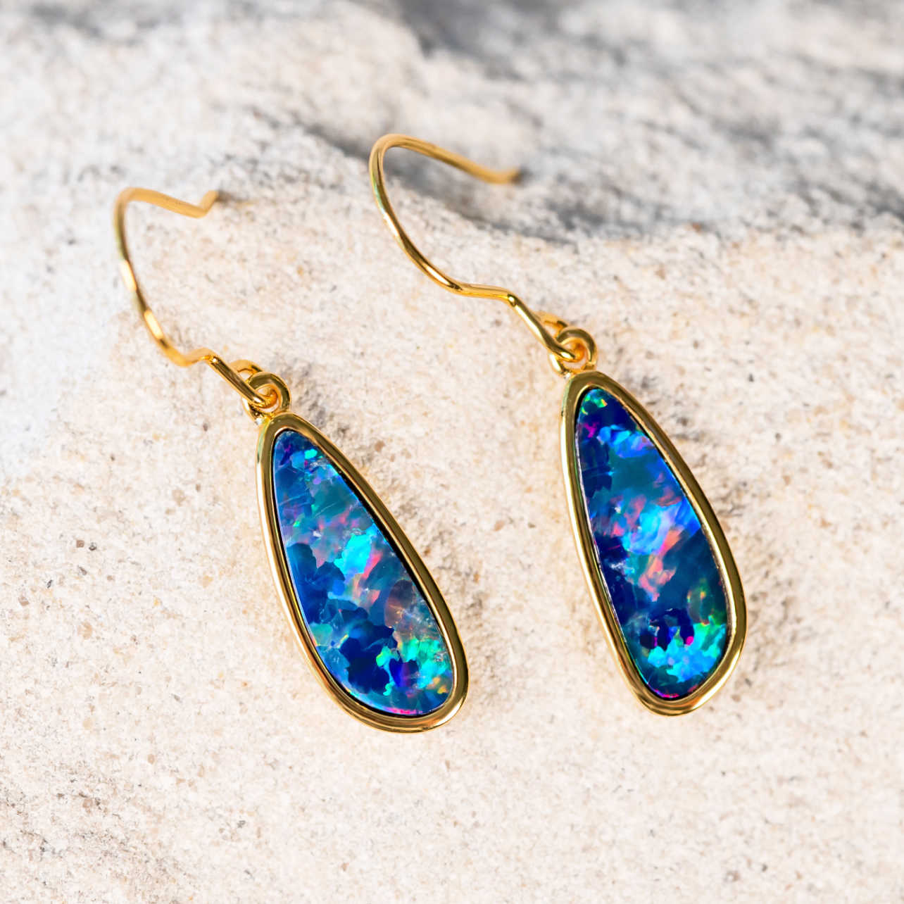 blue, red and green doublet opal earrings gold plated silver