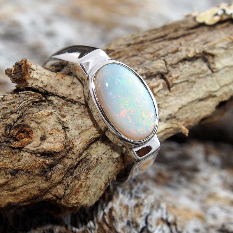 'Milani' Silver Australian White Opal Ring - Black Star Opal