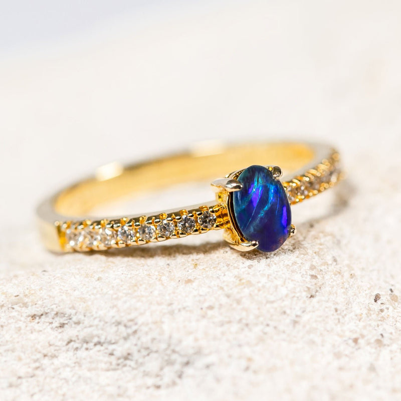'Millie' Gold Plated Silver Australian Triplet Opal Ring - Black Star Opal