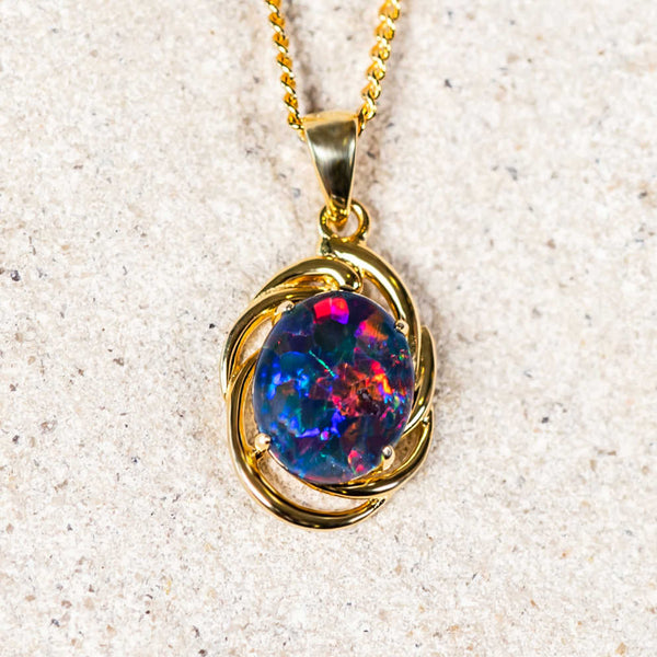 'Mina' Gold Plated Silver Australian Triplet Opal Necklace Pendant - Black Star Opal
