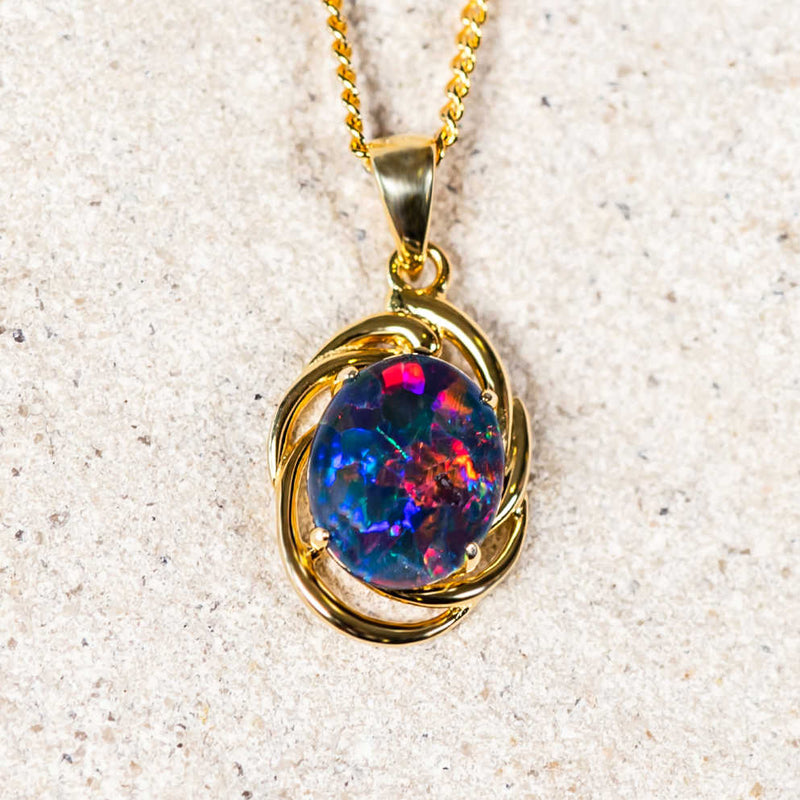'Mina' Gold Plated Silver Australian Triplet Opal Necklace Pendant - Black Star Opal