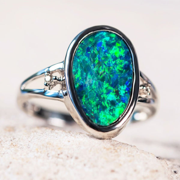 Blue opal silver ring deals