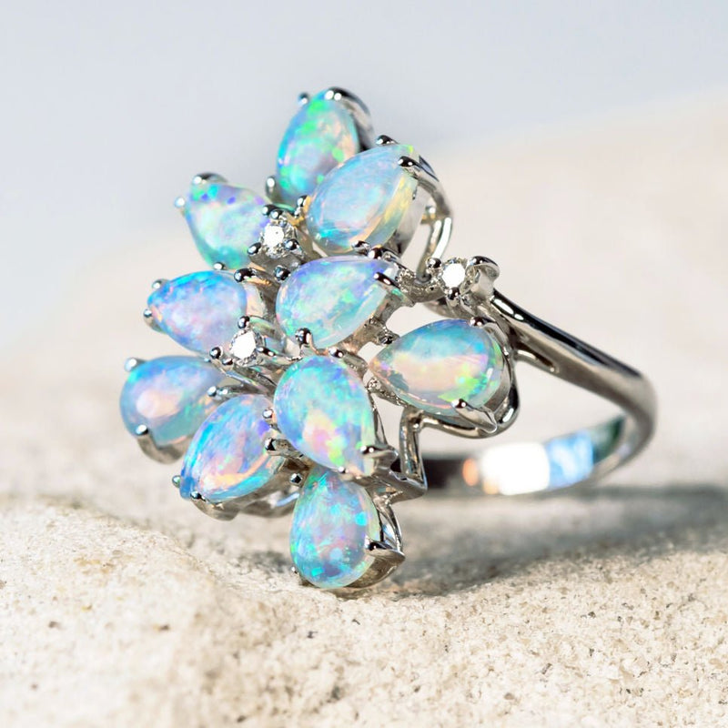 'Natasha' White Gold Australian Crystal Opal Ring - Black Star Opal