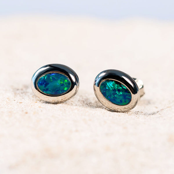 green and blue doublet opal white gold earrings