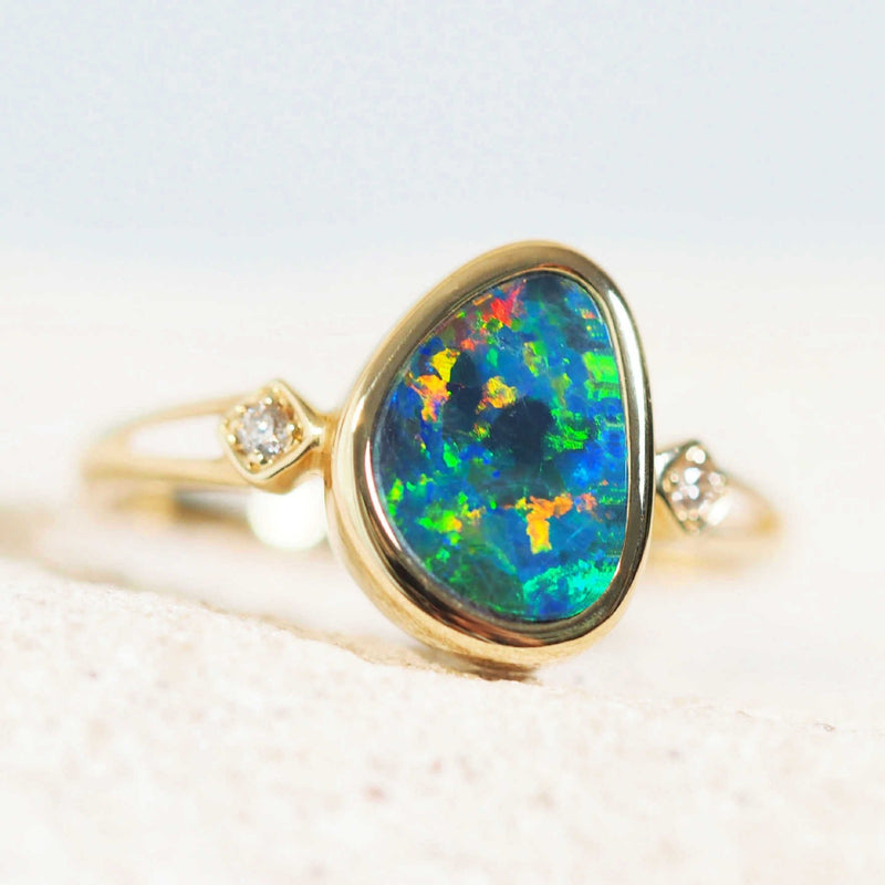 colourful doublet opal gold ring with diamonds