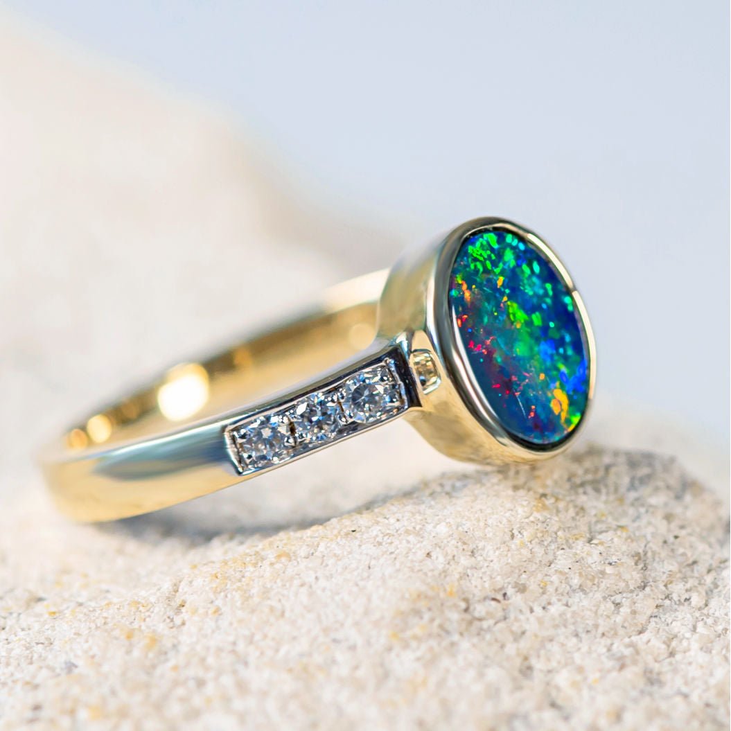 'Noa' Gold Australian Doublet Opal Ring - Black Star Opal