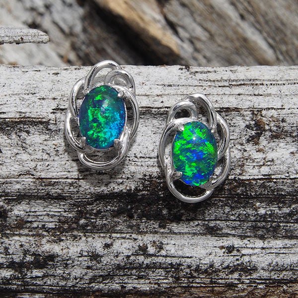 'Nouveau' Silver Australian Triplet Opal Earrings - Black Star Opal