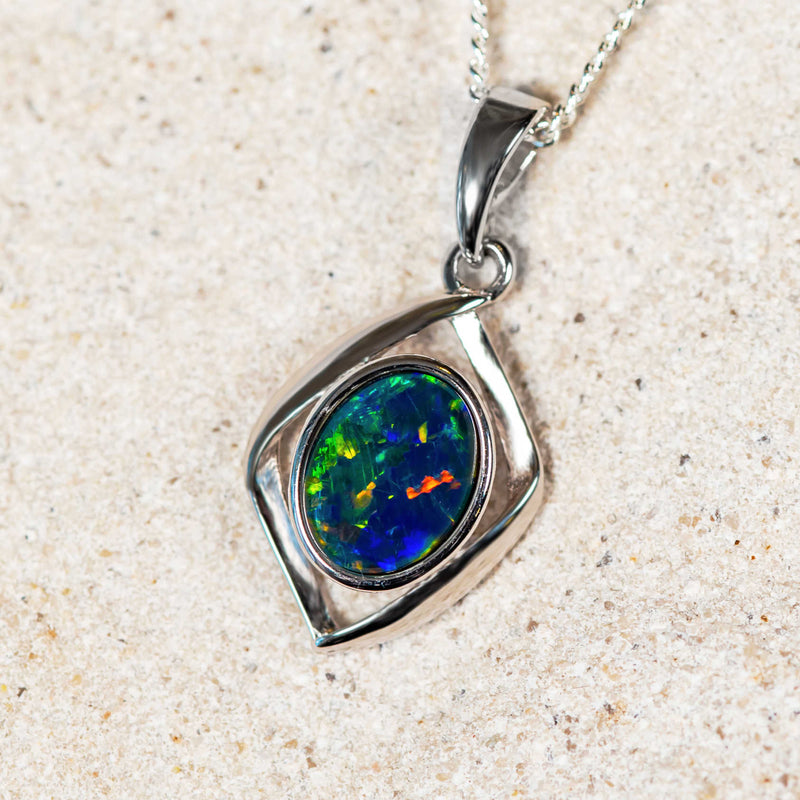 'Nova' Silver Australian Triplet Opal Necklace Pendant - Black Star Opal